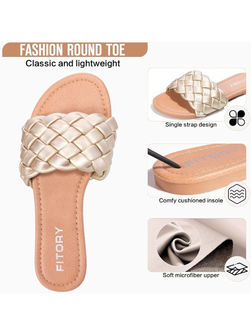 Women's Gold Comfortable Dressy Style Round Open Toe Slip On Flat Sandal Shoes - Picture 4 of 5